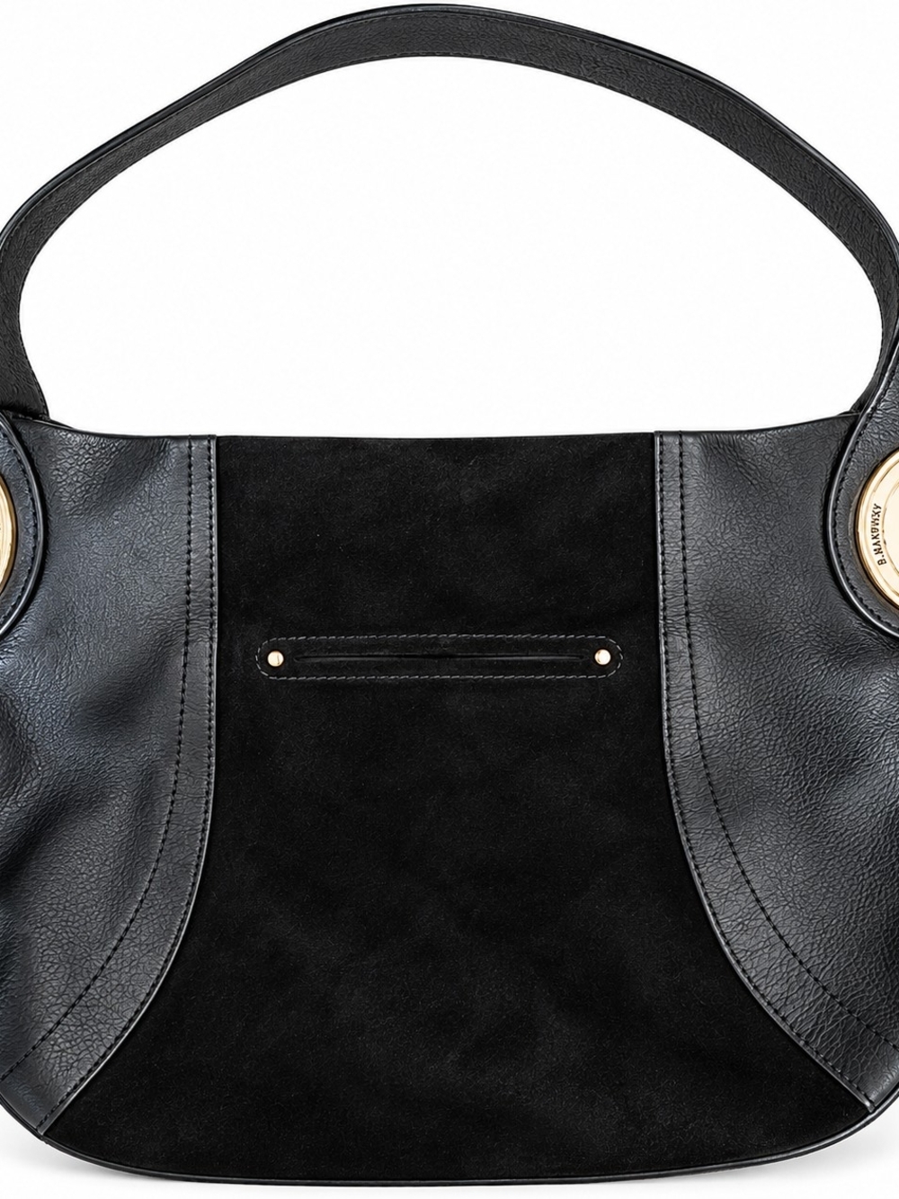 b. makowsky Black Suede & Leather Shoulder Bag with Gold Accents